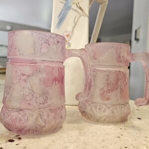 Art Nouveau Handpainted Pink Frosted Glass Drinkware Mugs Set 2